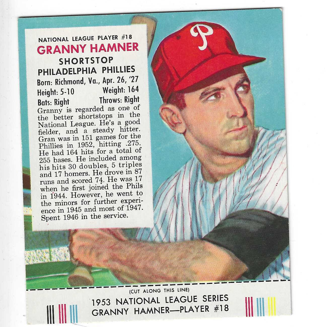 1953 Red Man Tobacco w/ Tabs #NL18 Granny Hamner Ex/Mint