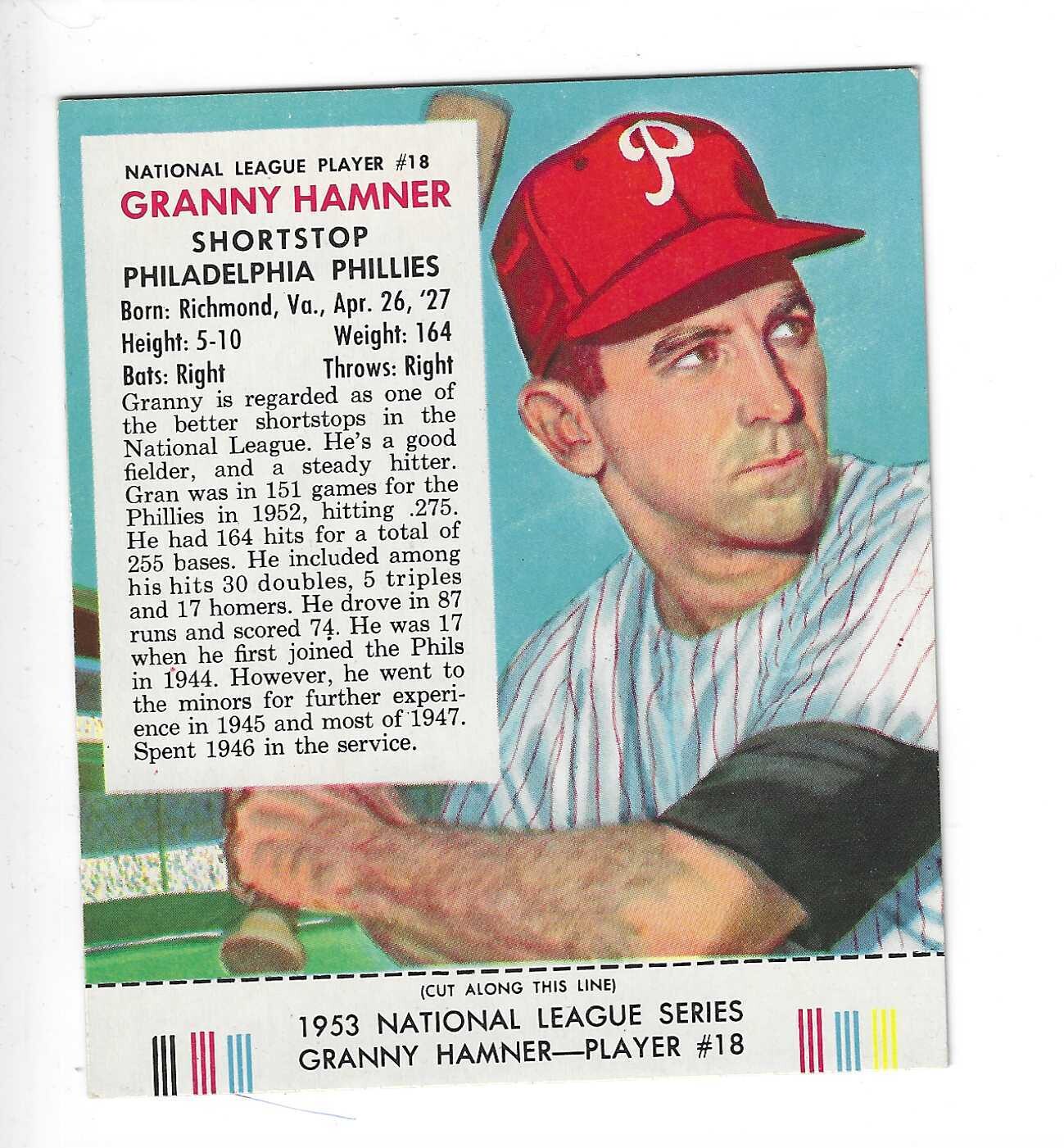 1953 Red Man Tobacco w/ Tabs #NL18 Granny Hamner Ex/Mint