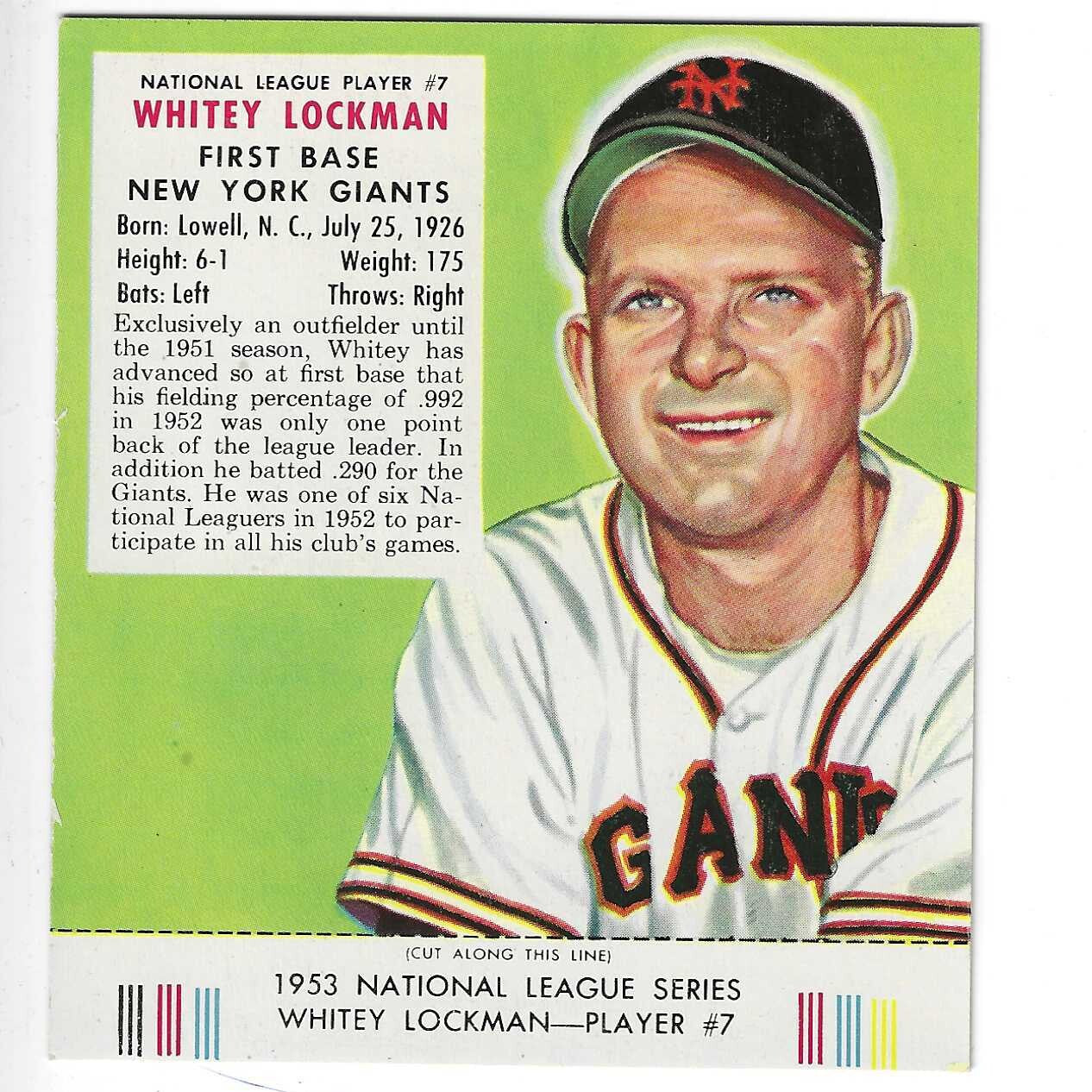 1953 Red Man Tobacco w/ Tabs #NL7 Whitey Lockman Ex/Mint or better