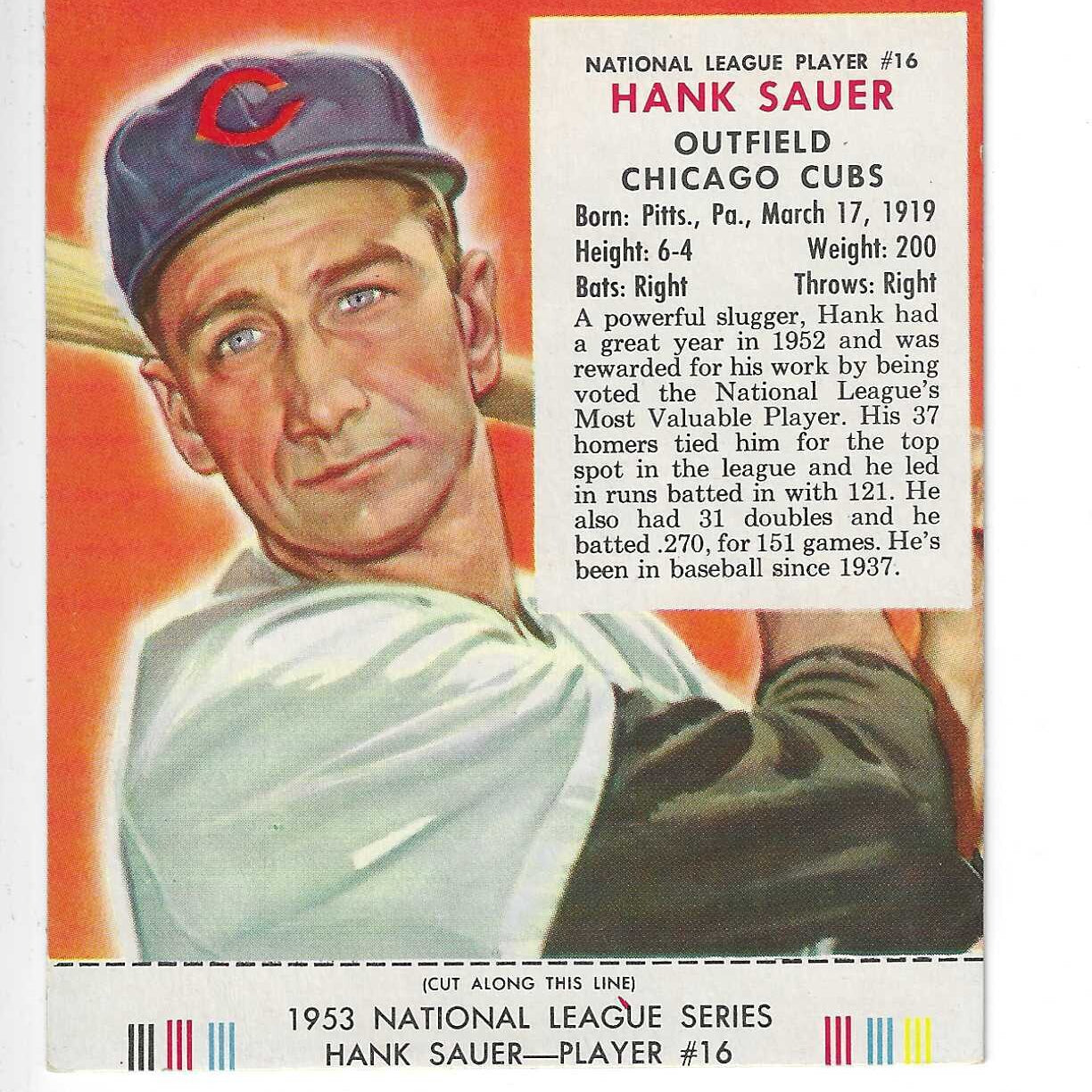 1953 Red Man Tobacco w/ Tabs #NL16 Hank Sauer Ex/Mint or better