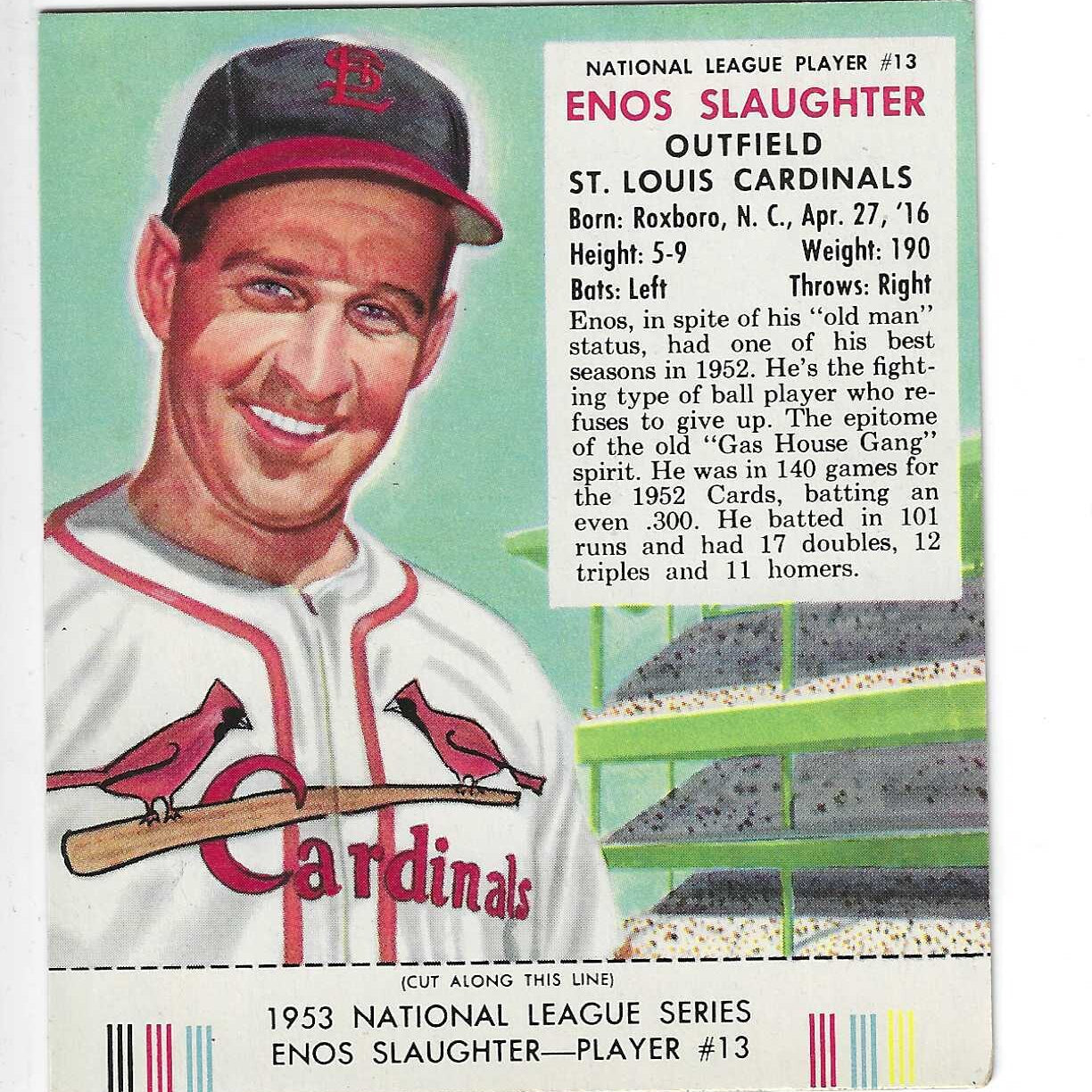 1953 Red Man Tobacco w/ Tabs #NL13 Enos Slaughter Ex+