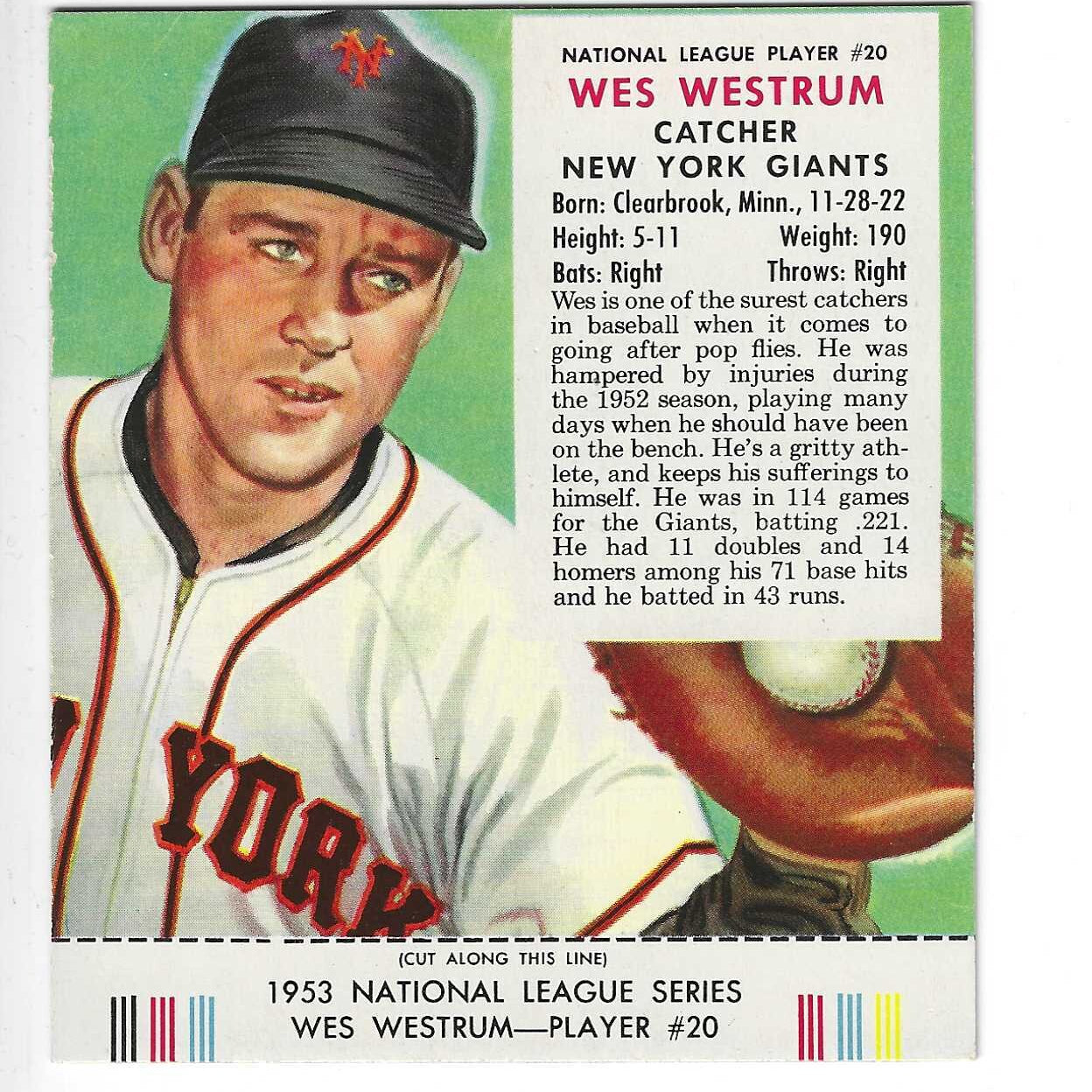 1953 Red Man Tobacco w/ Tabs #NL20 Wes Westrum Ex/Mint