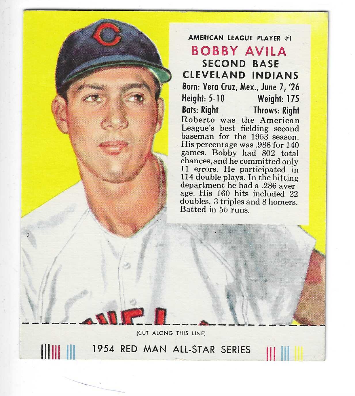 1954 Red Man Tobacco w/ Tabs #AL1 Bob Avila Ex+