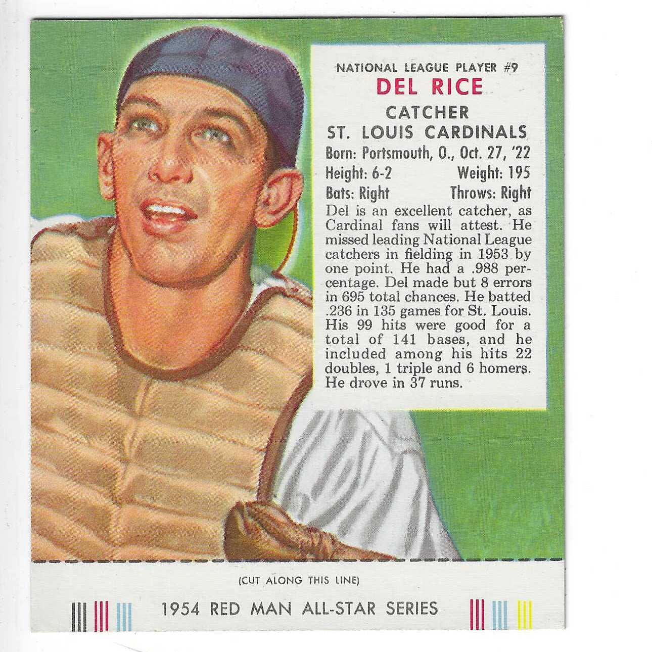1954 Red Man Tobacco w/ Tabs #NL9 Del Rice Ex/Mint or better
