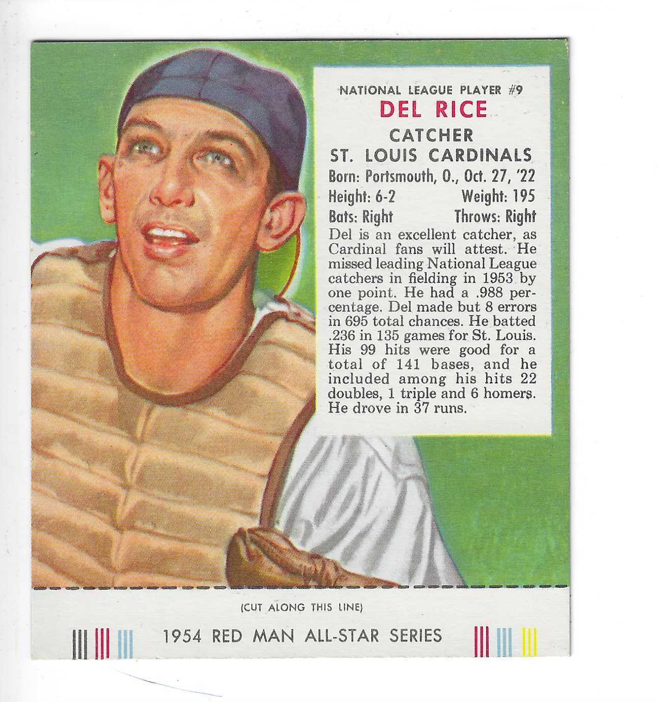 1954 Red Man Tobacco w/ Tabs #NL9 Del Rice Ex/Mint or better