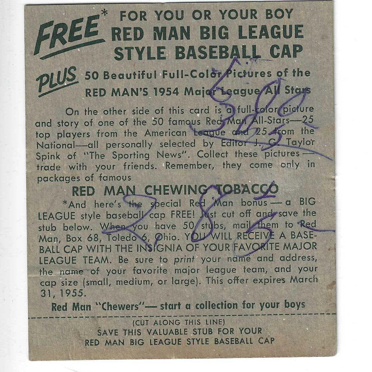1954 Red Man Tobacco w/ Tabs #NL19 Enos Slaughter VG/Ex Variation List $215 Pen on Back