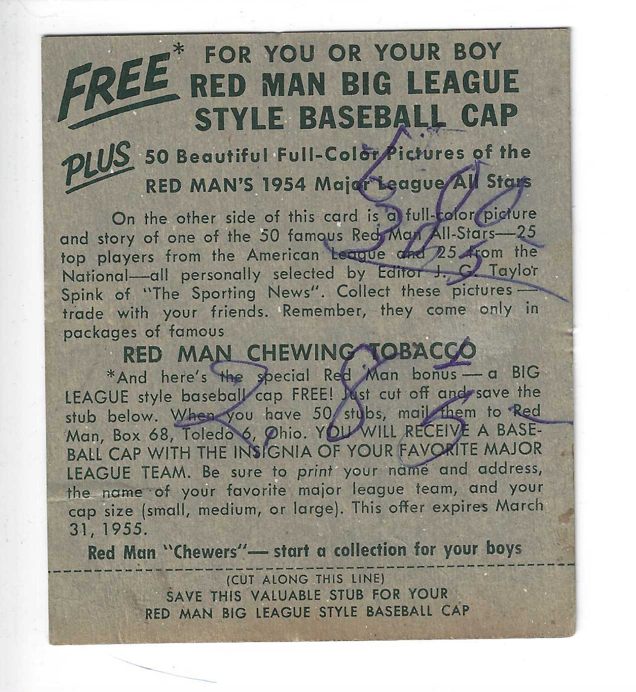 1954 Red Man Tobacco w/ Tabs #NL19 Enos Slaughter VG/Ex Variation List $215 Pen on Back