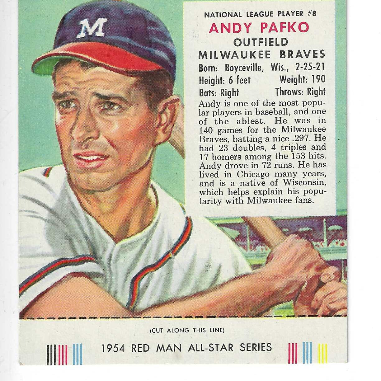 1954 Red Man Tobacco w/ Tabs #NL8 Andy Pafko Ex/Mint or better