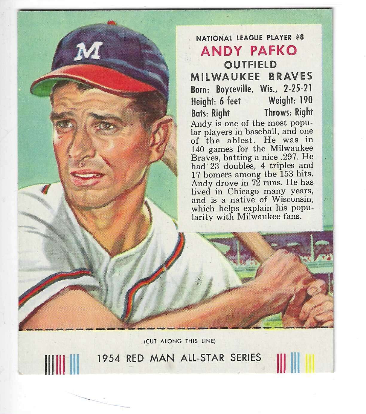 1954 Red Man Tobacco w/ Tabs #NL8 Andy Pafko Ex/Mint or better