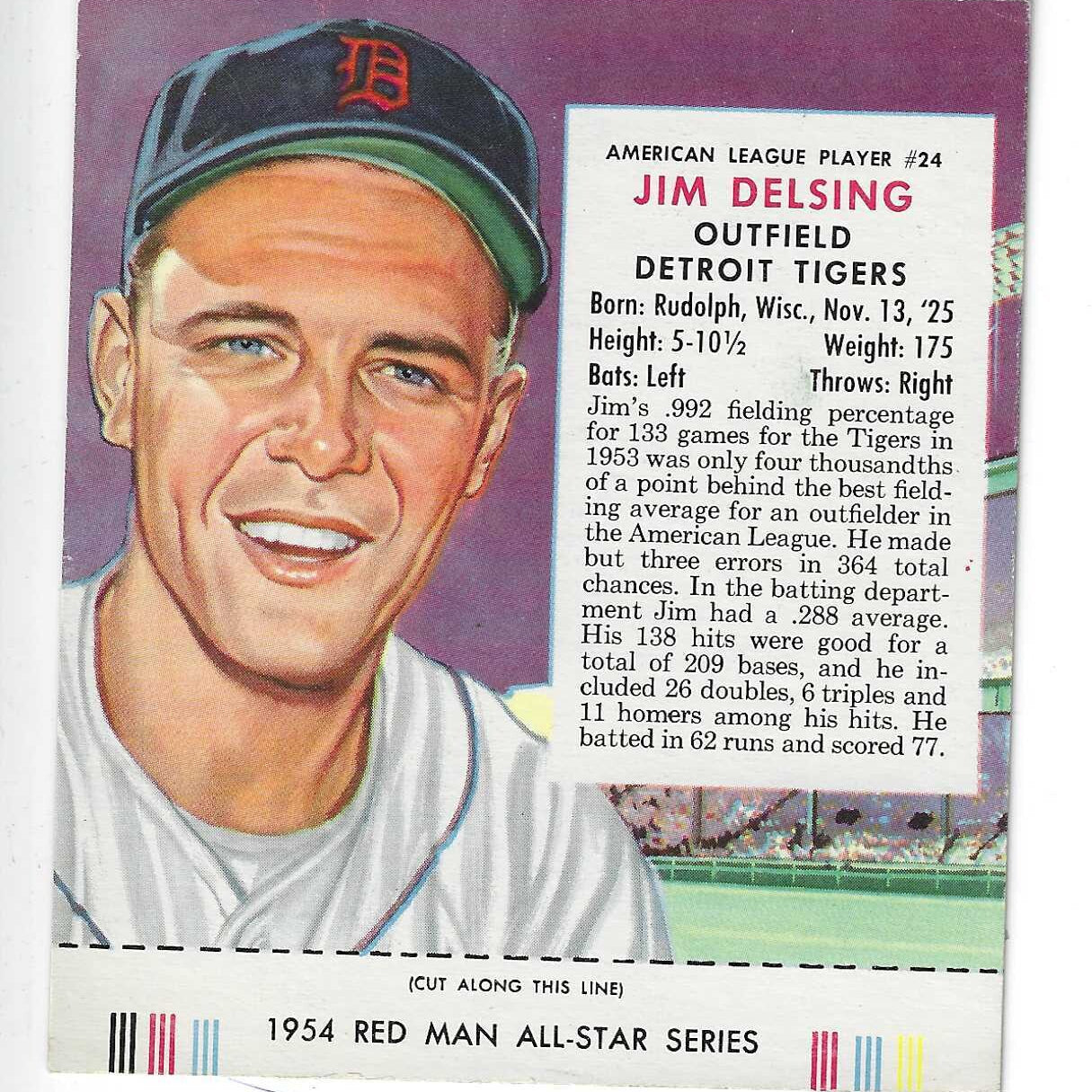 1954 Red Man Tobacco w/ Tabs #AL24 Jim Delsing Ex to Ex+