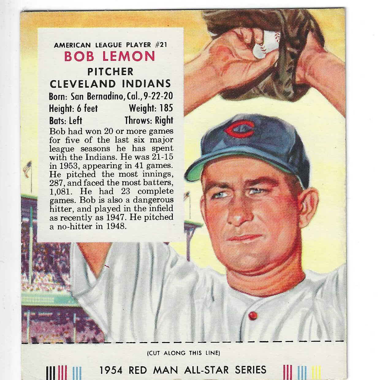 1954 Red Man Tobacco w/ Tabs #AL21 Bob Lemon Ex to Ex+
