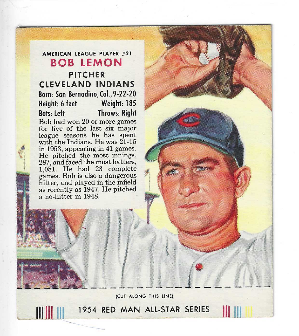 1954 Red Man Tobacco w/ Tabs #AL21 Bob Lemon Ex to Ex+