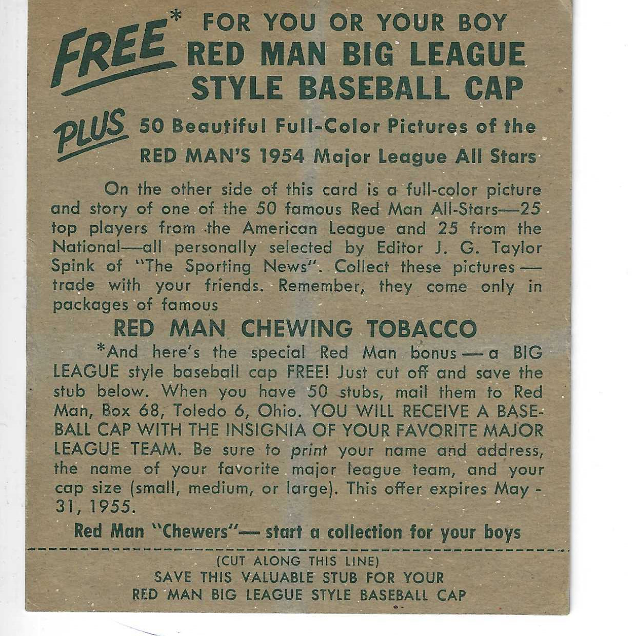 1954 Red Man Tobacco w/ Tabs #AL21 Bob Lemon Ex to Ex+
