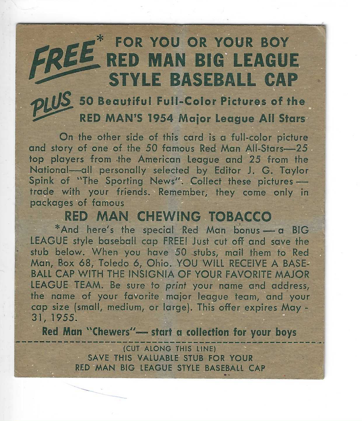 1954 Red Man Tobacco w/ Tabs #AL21 Bob Lemon Ex to Ex+