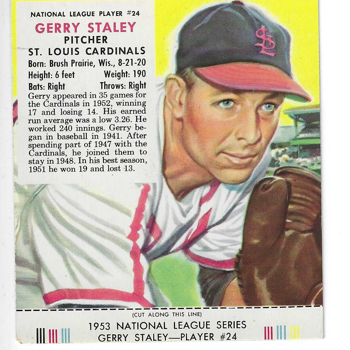 1953 Red Man Tobacco w/ Tabs #NL24 Gerry Staley Ex to Ex++