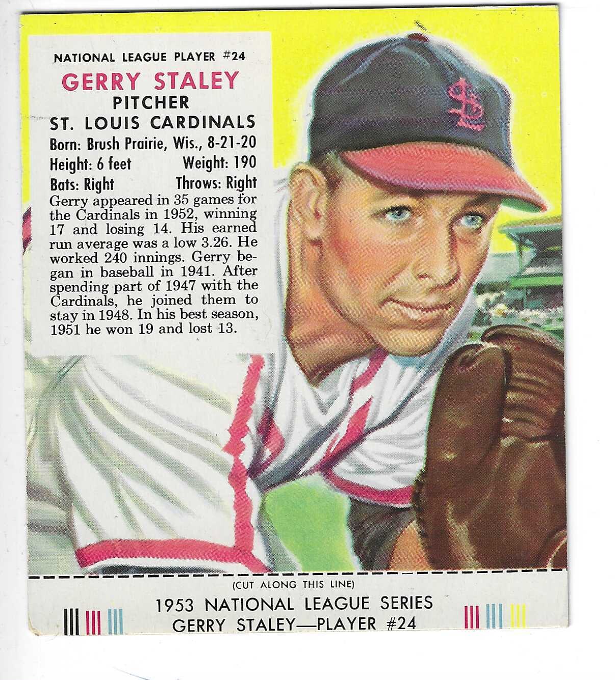 1953 Red Man Tobacco w/ Tabs #NL24 Gerry Staley Ex to Ex++