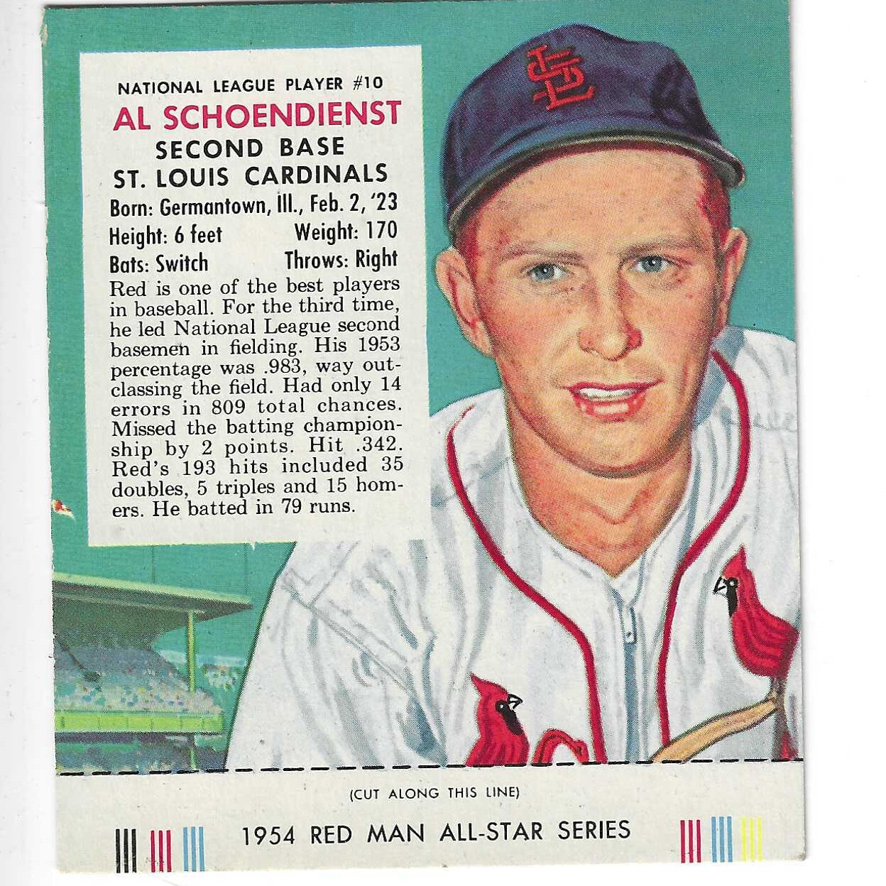 1954 Red Man Tobacco w/ Tabs #NL10 Red Schoendienst Ex