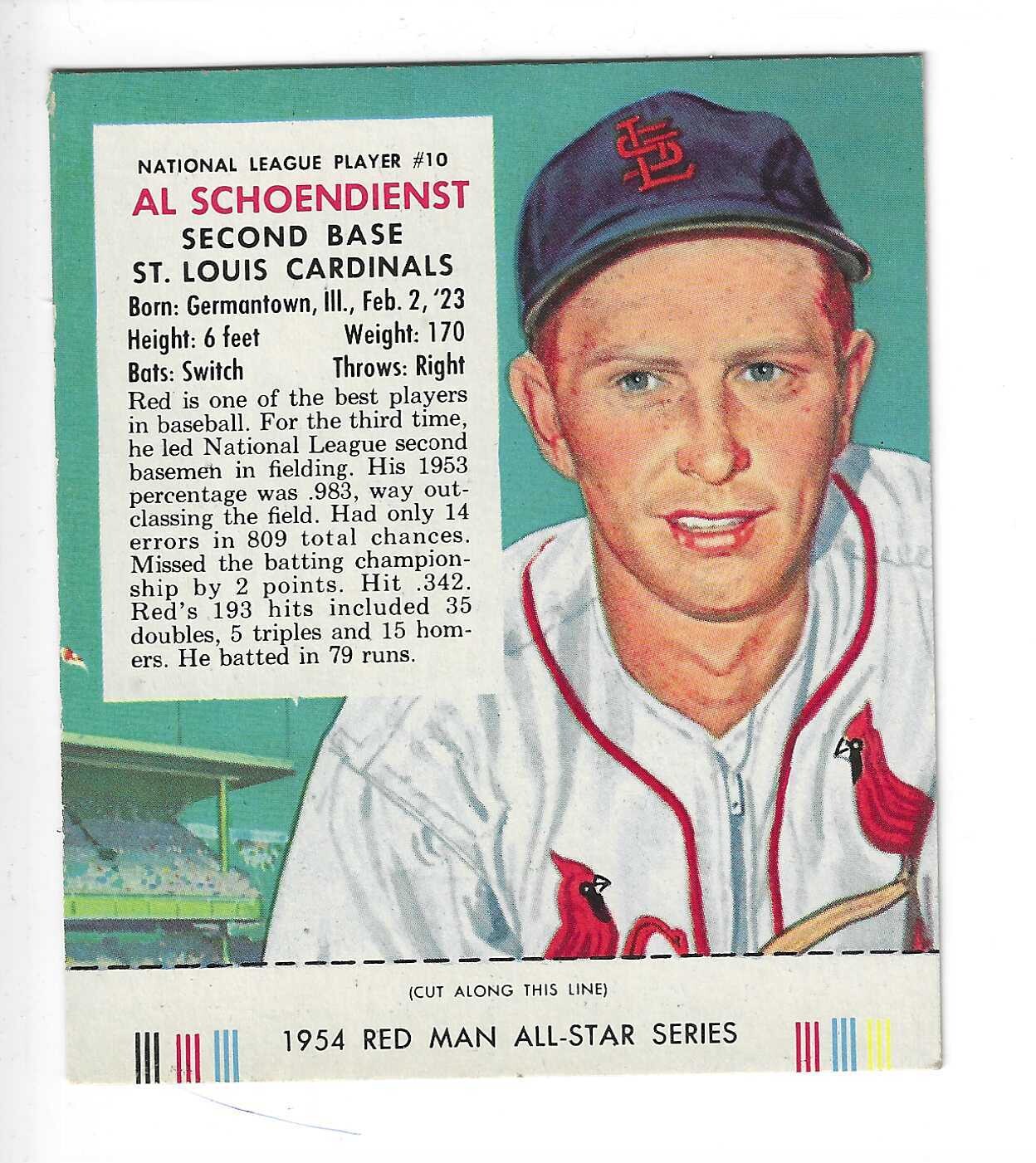 1954 Red Man Tobacco w/ Tabs #NL10 Red Schoendienst Ex