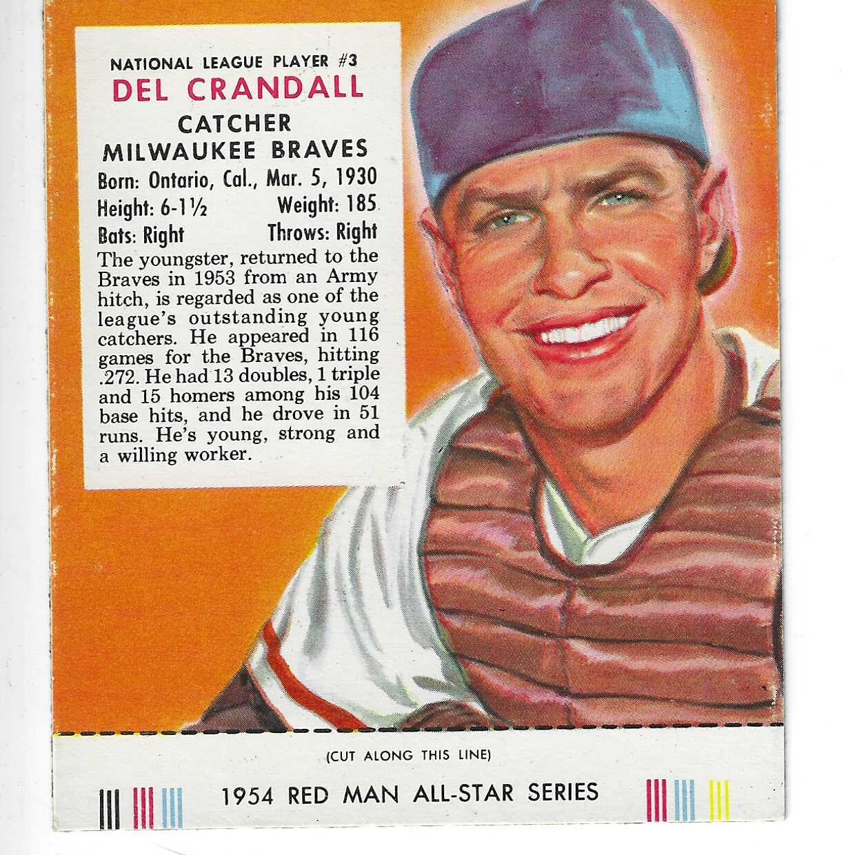 1954 Red Man Tobacco w/ Tabs #NL3 Del Crandall Ex to Ex+