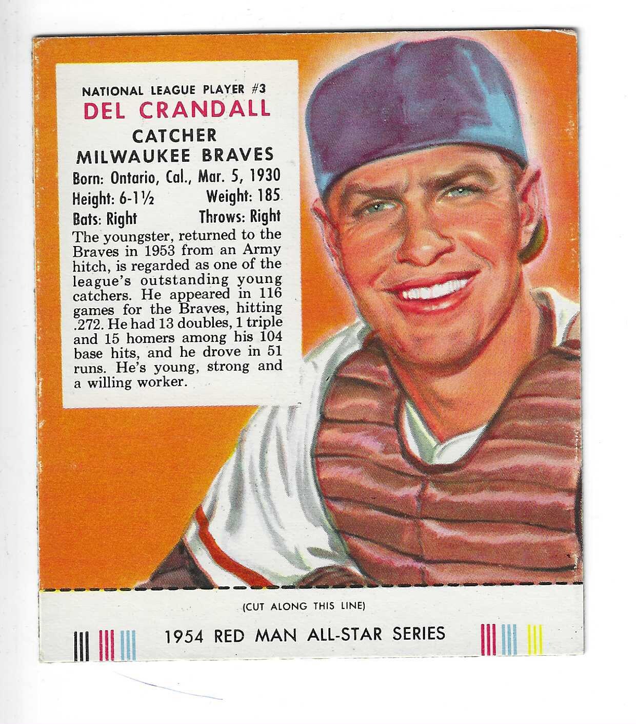 1954 Red Man Tobacco w/ Tabs #NL3 Del Crandall Ex to Ex+