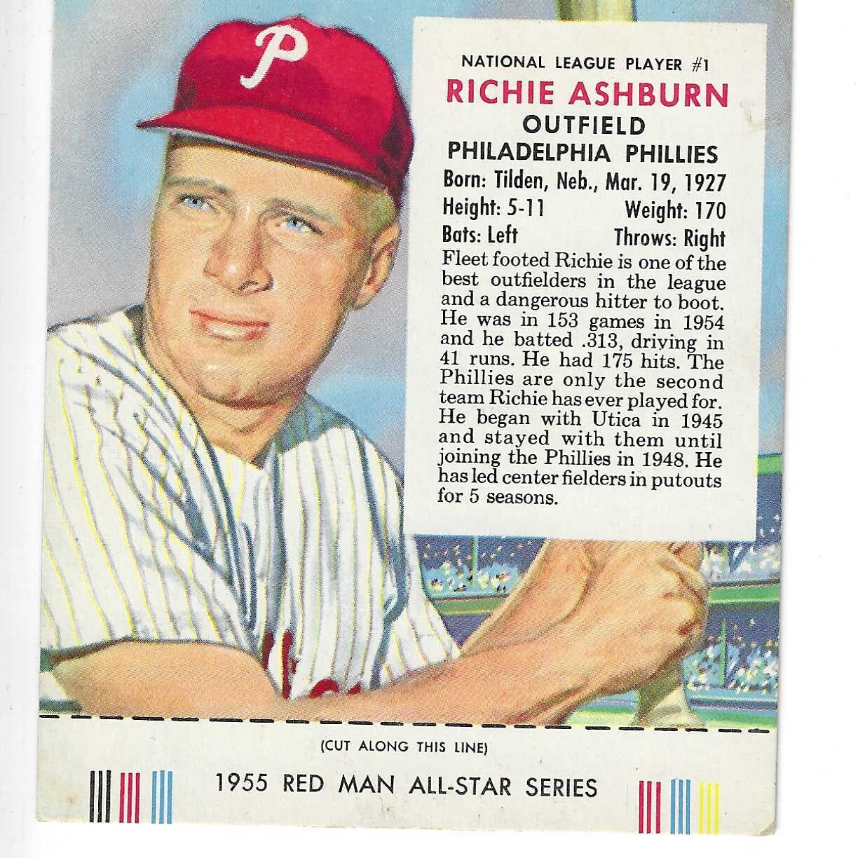 1955 Red Man w/ Tabs #NL1 Richie Ashburn VG/Ex