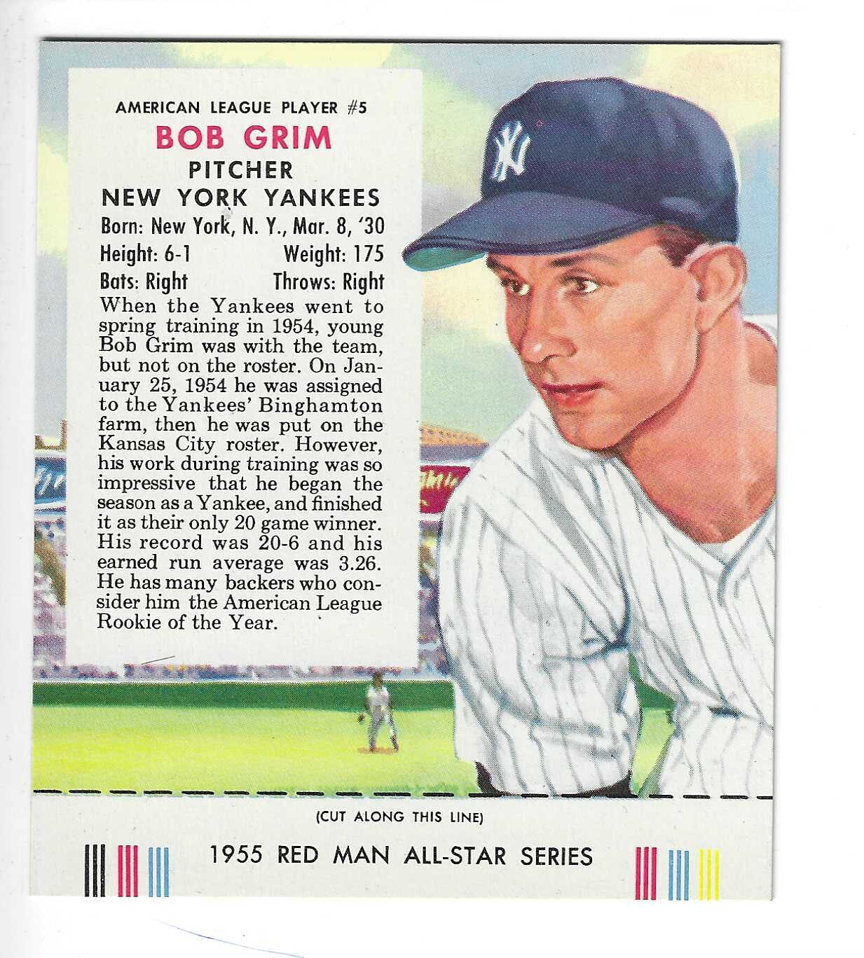 1955 Red Man w/ Tabs #AL5 Bob Grim Nr Mint