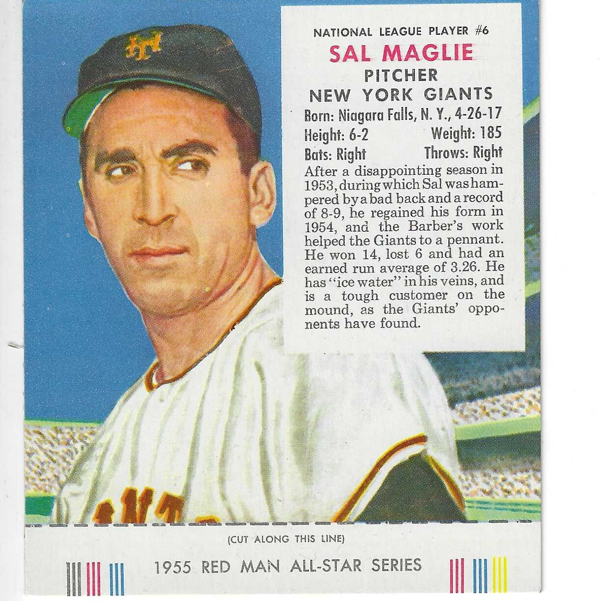 1955 Red Man w/ Tabs #NL6 Sal Maglie Ex/Mint or better