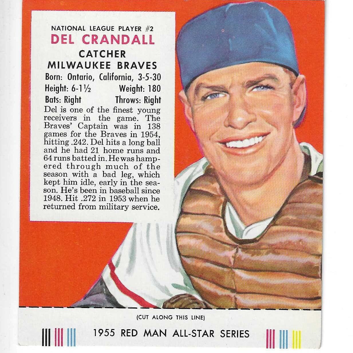 1955 Red Man w/ Tabs #NL2 Del Crandall Ex/Mint or better
