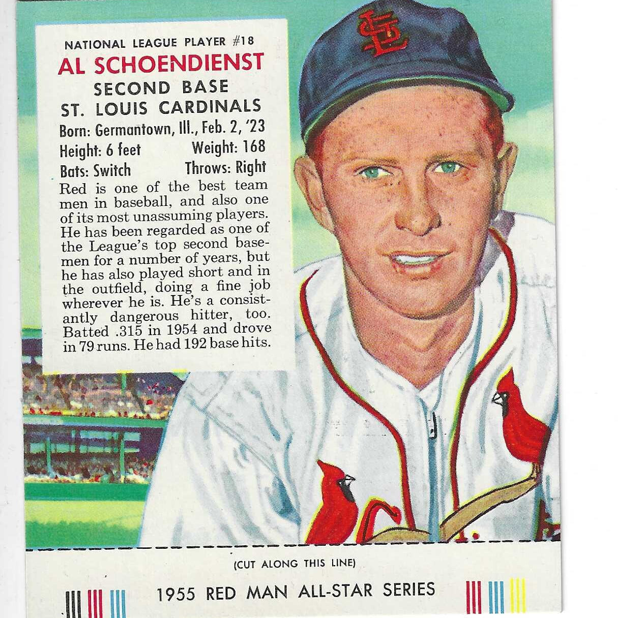 1955 Red Man w/ Tabs #NL18 Red Schoendienst Ex/Mint +