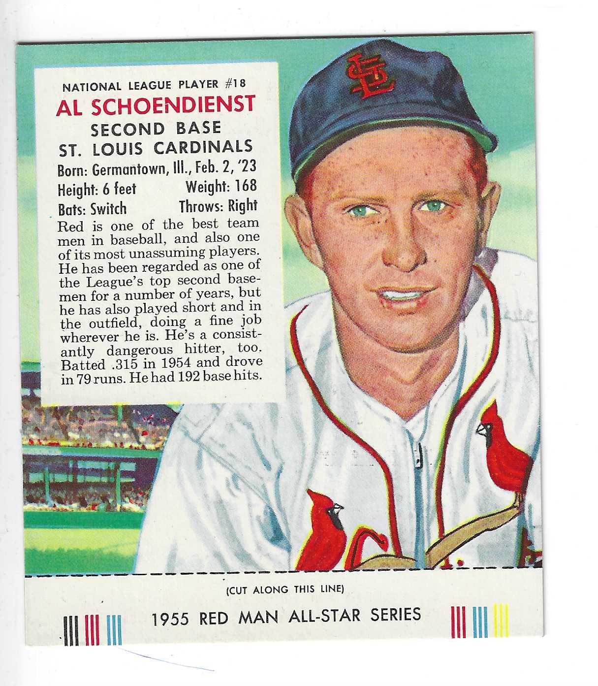 1955 Red Man w/ Tabs #NL18 Red Schoendienst Ex/Mint +