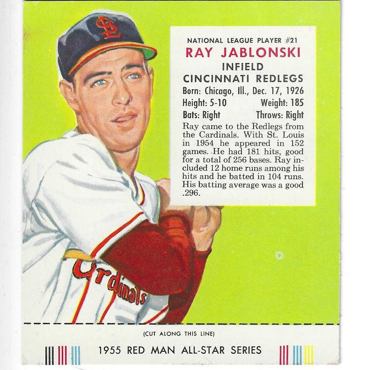 1955 Red Man w/ Tabs #NL21 Ray Jablonski Ex/Mint