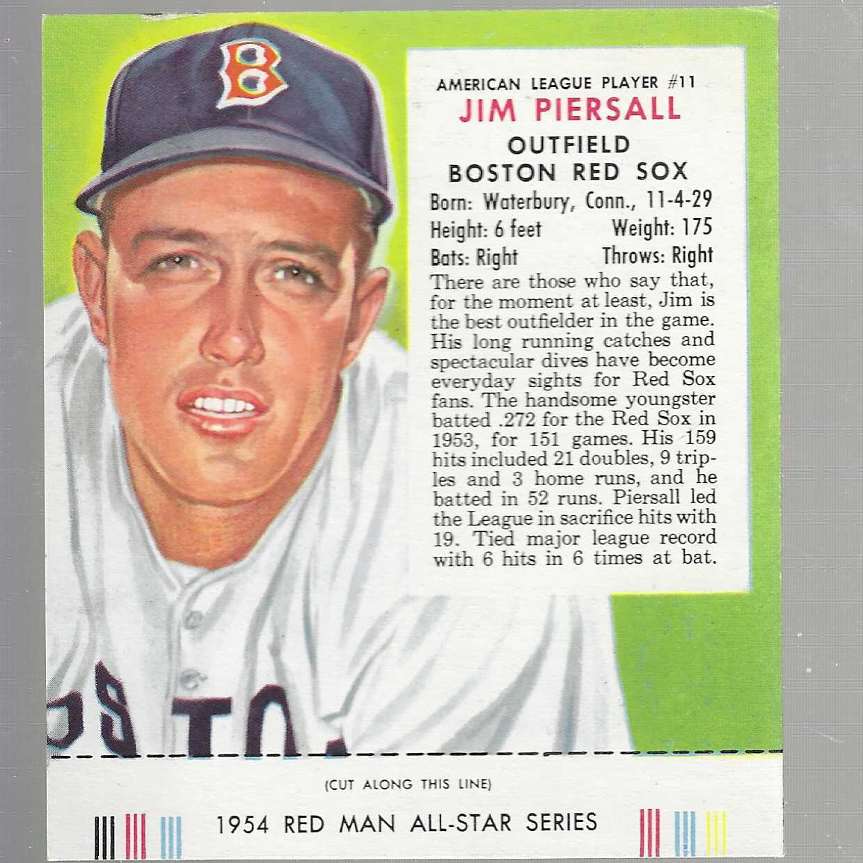 1954 Red Man Tobacco w/ Tabs #AL11 Jim Piersall Ex+
