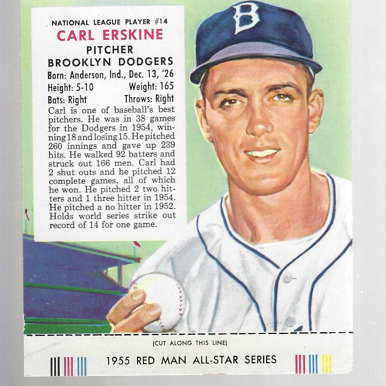 1955 Red Man Tobacco #NL14 Carl Erskine EX+