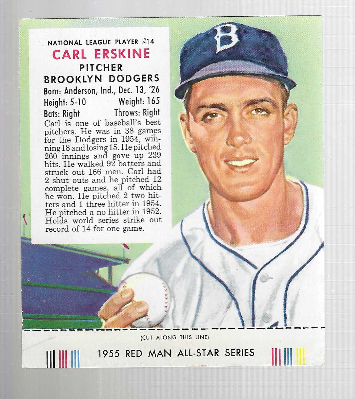 1955 Red Man Tobacco #NL14 Carl Erskine EX+