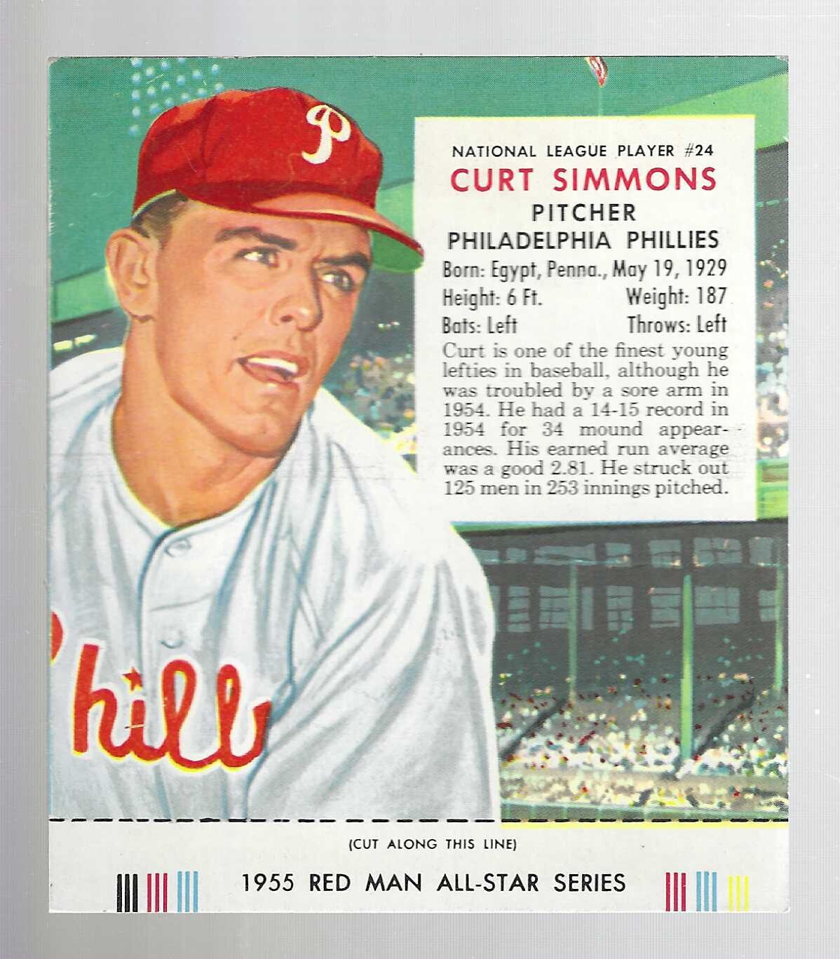 1955 Red Man Tobacco #NL24 Curt Simmons Ex+