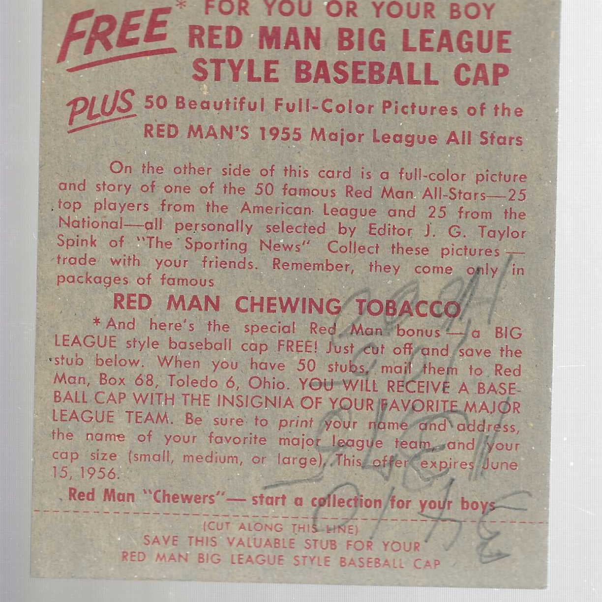 1955 Red Man Tobacco #NL12 Hoyt Wilhelm Ex/Mint with Pen on Back List $90