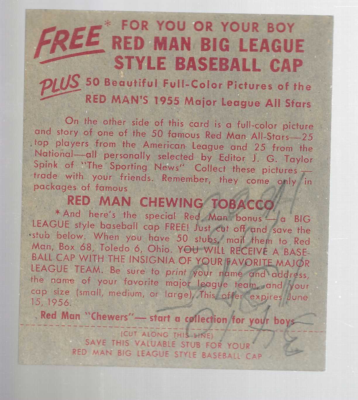 1955 Red Man Tobacco #NL12 Hoyt Wilhelm Ex/Mint with Pen on Back List $90