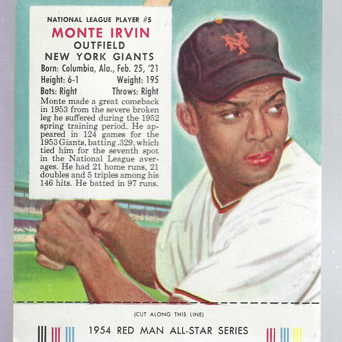 1954 Red Man Tobacco w/ Tabs #NL5 Monte Irvin Ex/Mint