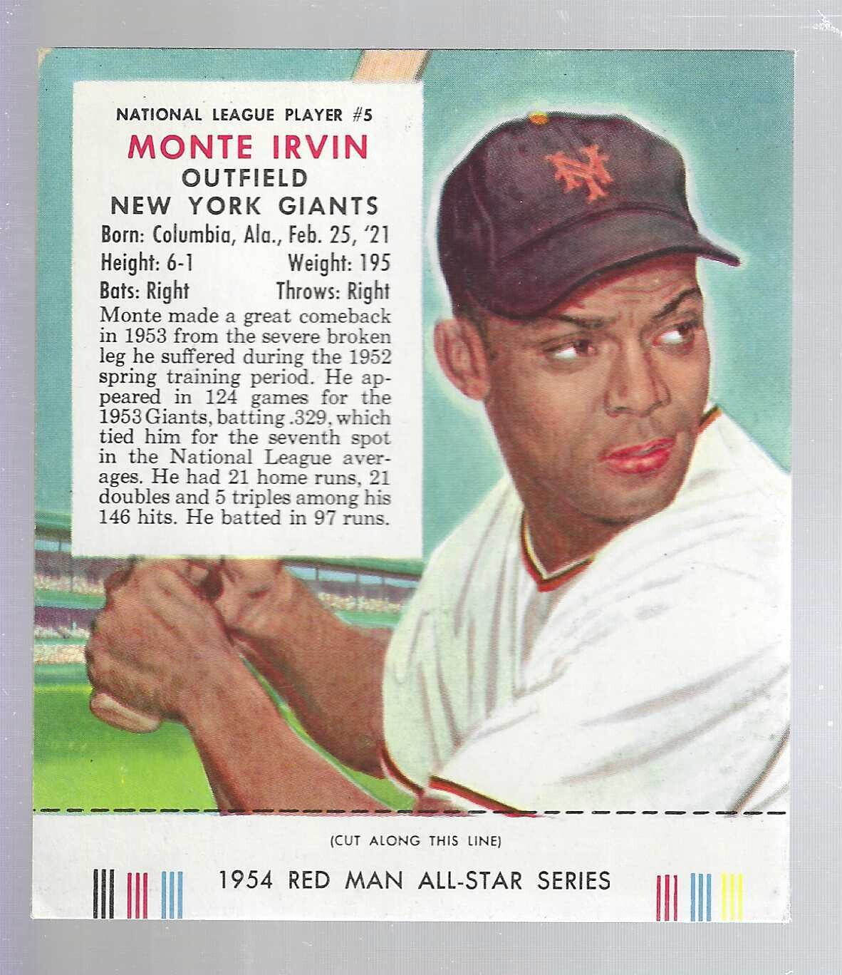 1954 Red Man Tobacco w/ Tabs #NL5 Monte Irvin Ex/Mint
