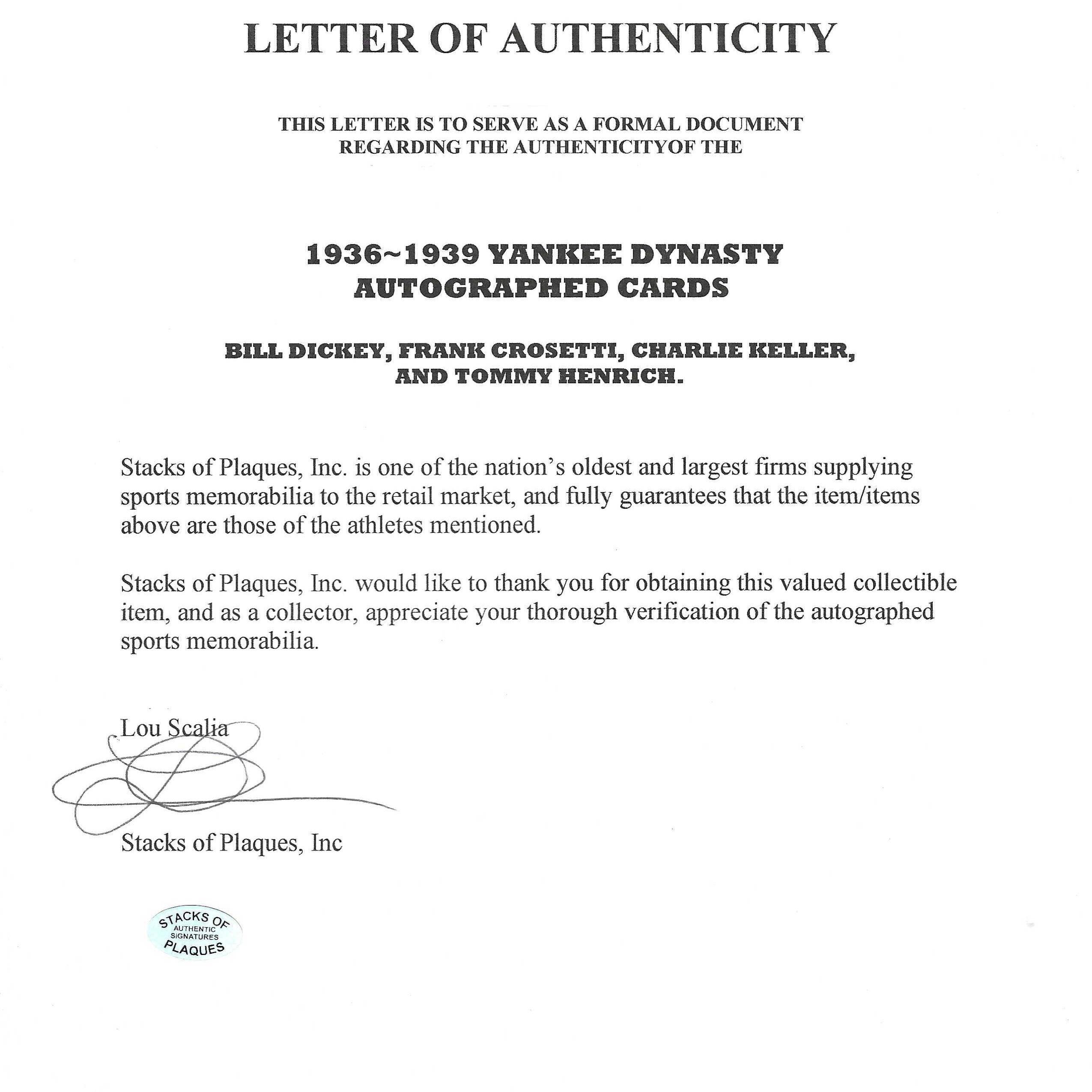 1936-39 Yankee Dynasty 4 Autograph Card Set- Bill Dickey, Frank Crosetti, Charlie Keller, Tommy Henrich- JSA