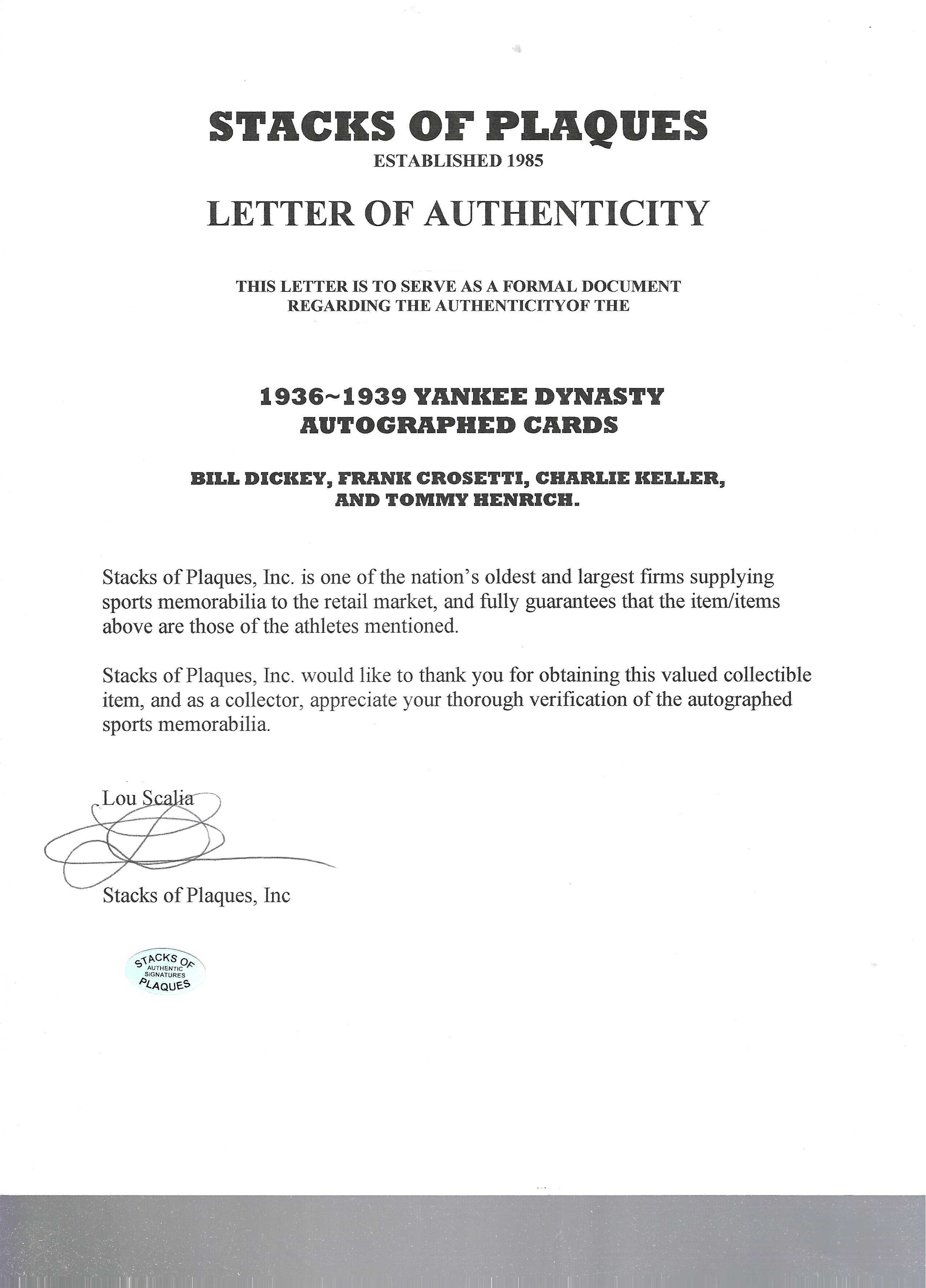 1936-39 Yankee Dynasty 4 Autograph Card Set- Bill Dickey, Frank Crosetti, Charlie Keller, Tommy Henrich- JSA