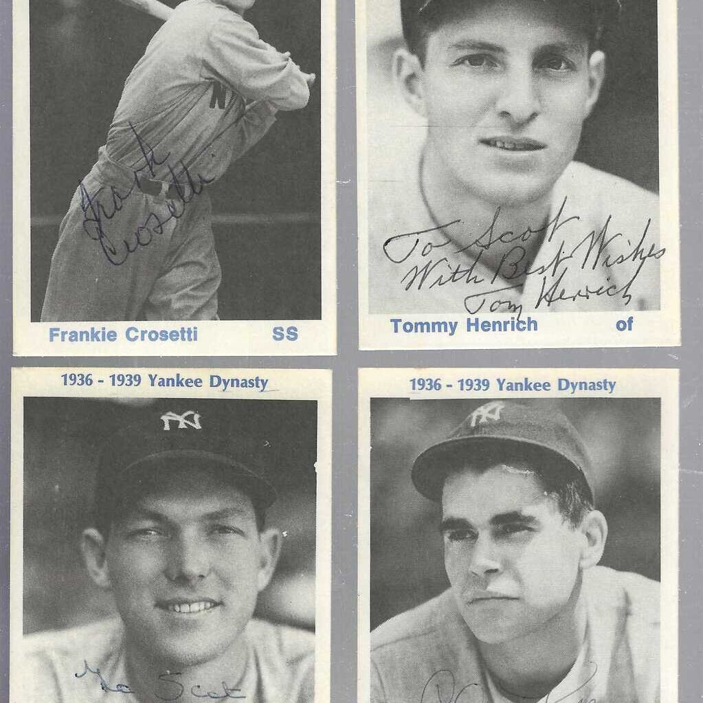 1936-39 Yankee Dynasty 4 Autograph Card Set- Bill Dickey, Frank Crosetti, Charlie Keller, Tommy Henrich- JSA