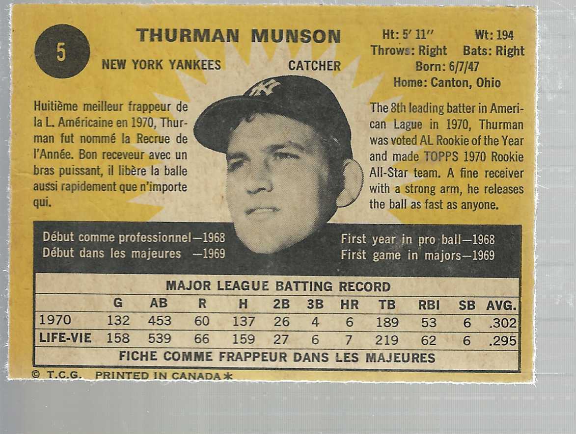 1971 O-pee-chee #5 Thurman Munson Ex+