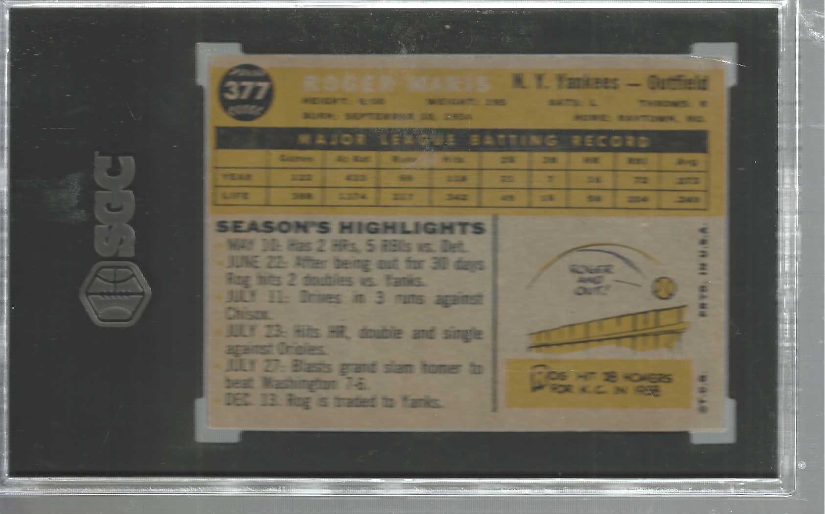 1960 Topps #377 Roger Maris SGC 6 Centered