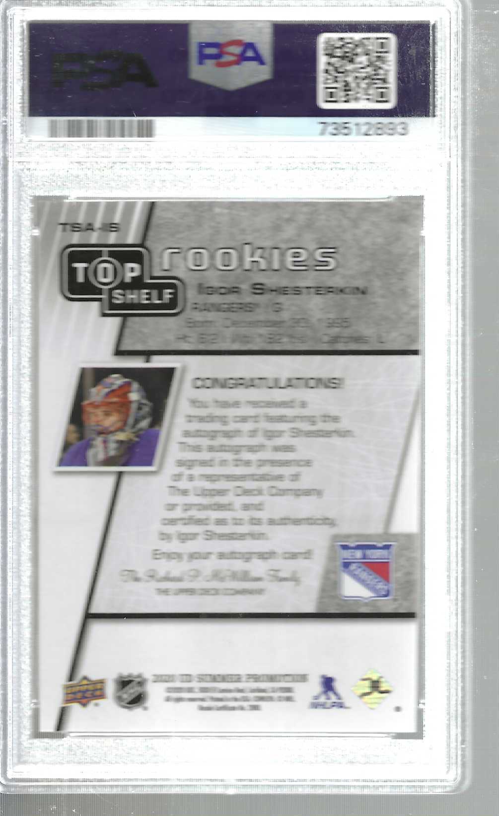 2020 UD Summer Promo Igor Shesterkin Top Shelf Rookies Autograph PSA 10