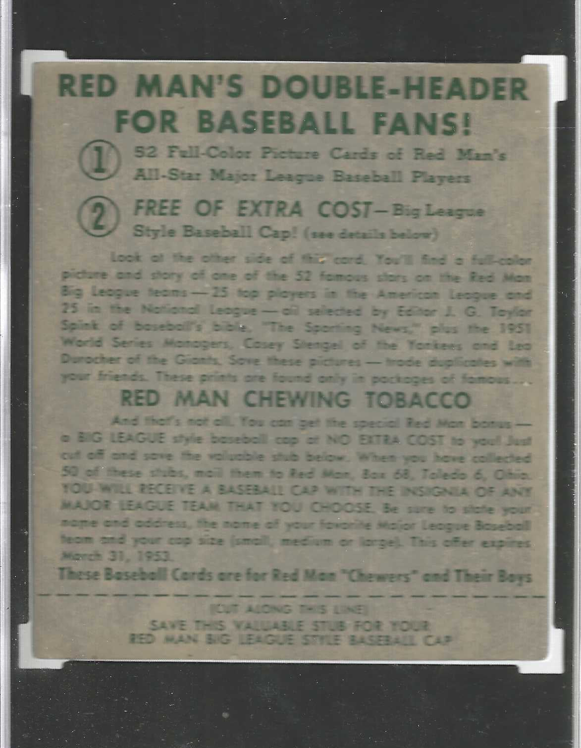 1952 Red Man Tobacco #AL-23 Ted Williams SGC 3