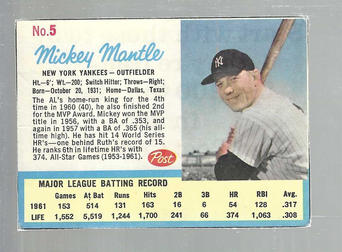 1962 Post Cereal #5 Mickey Mantle