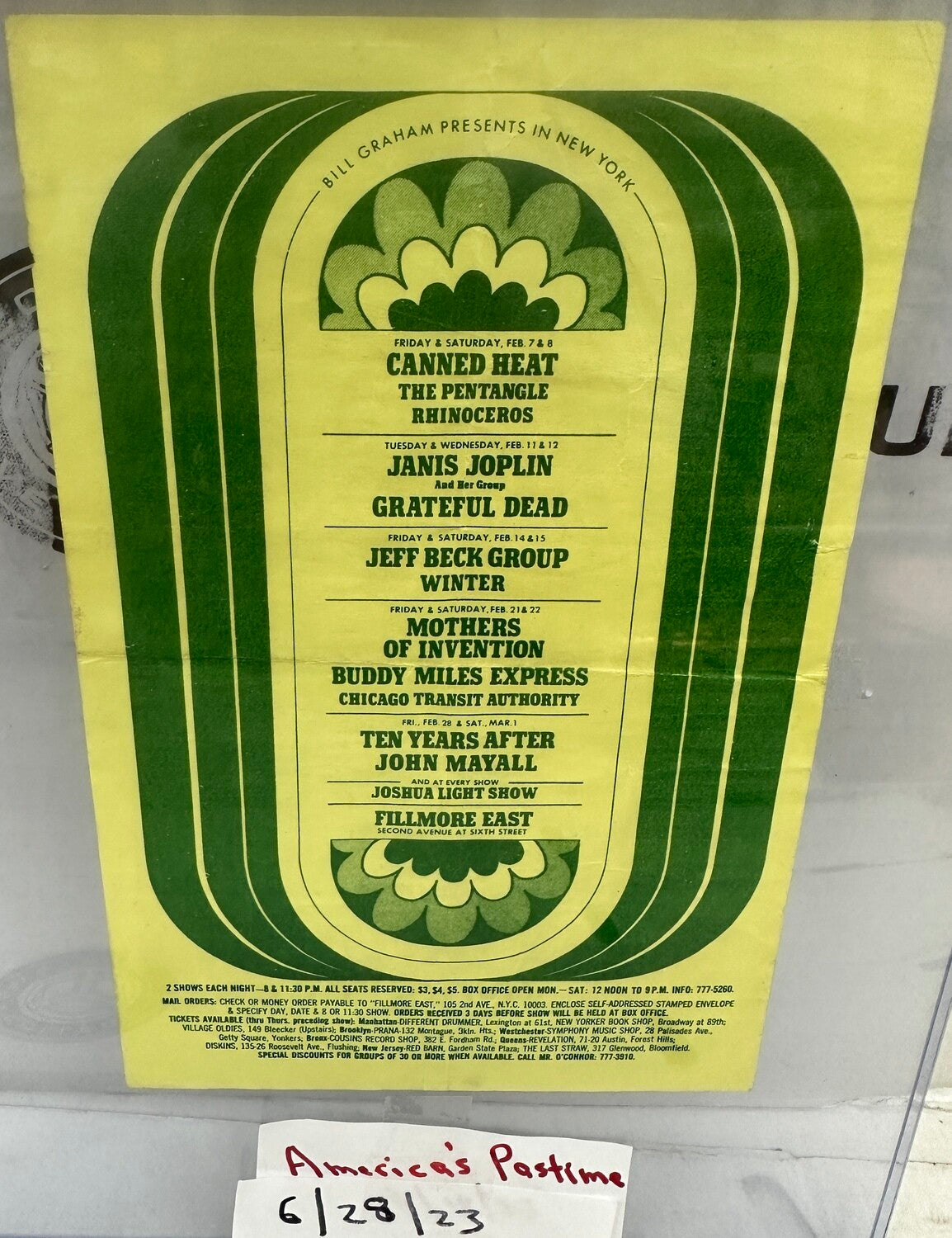 Janis Joplin Authentic Vintage Promotional Flier 1969 Fillmore East Concert