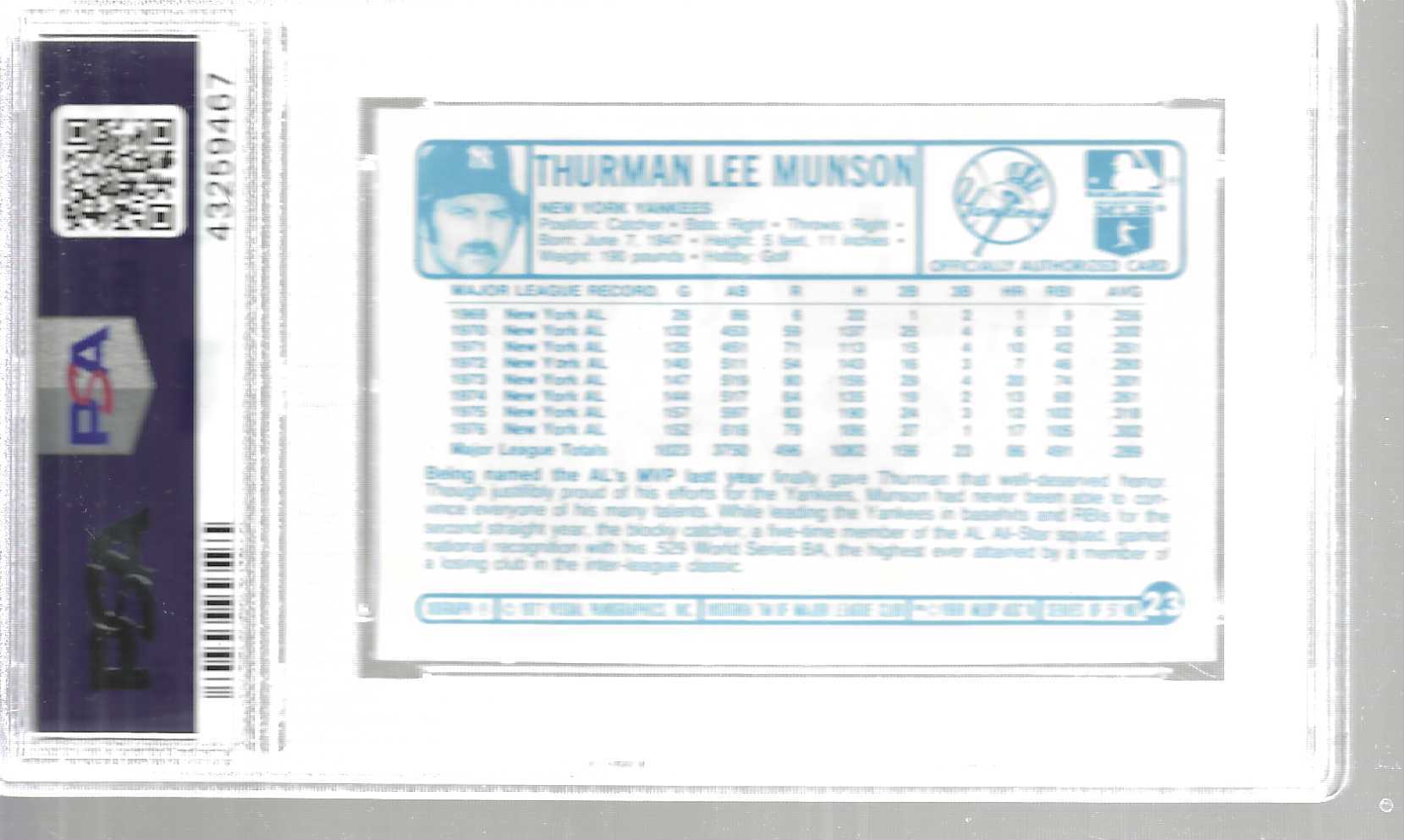 1977 Kelloggs #23 Thurman Munson PSA 10