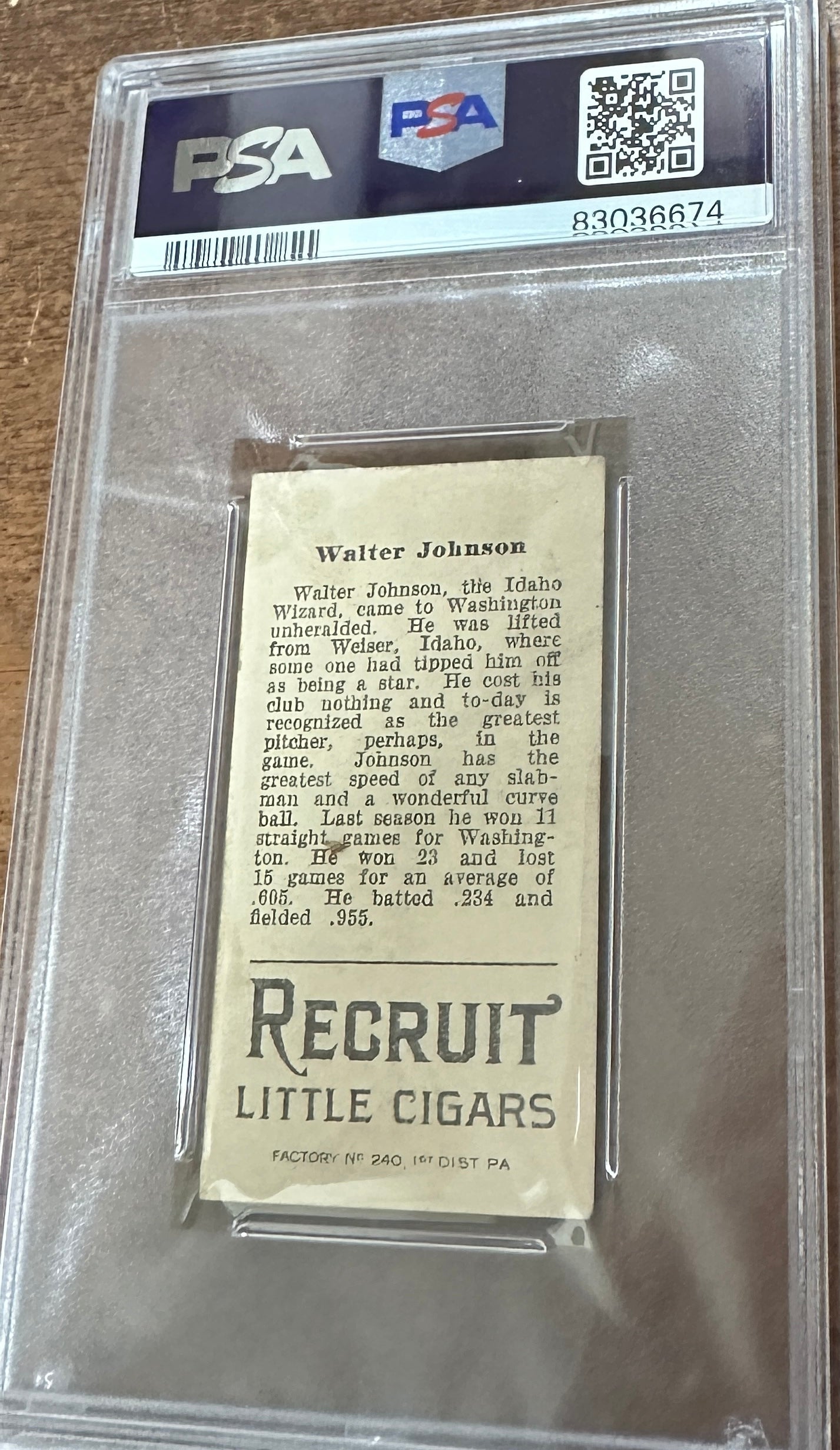1912 T207 Walter Johnson PSA 4